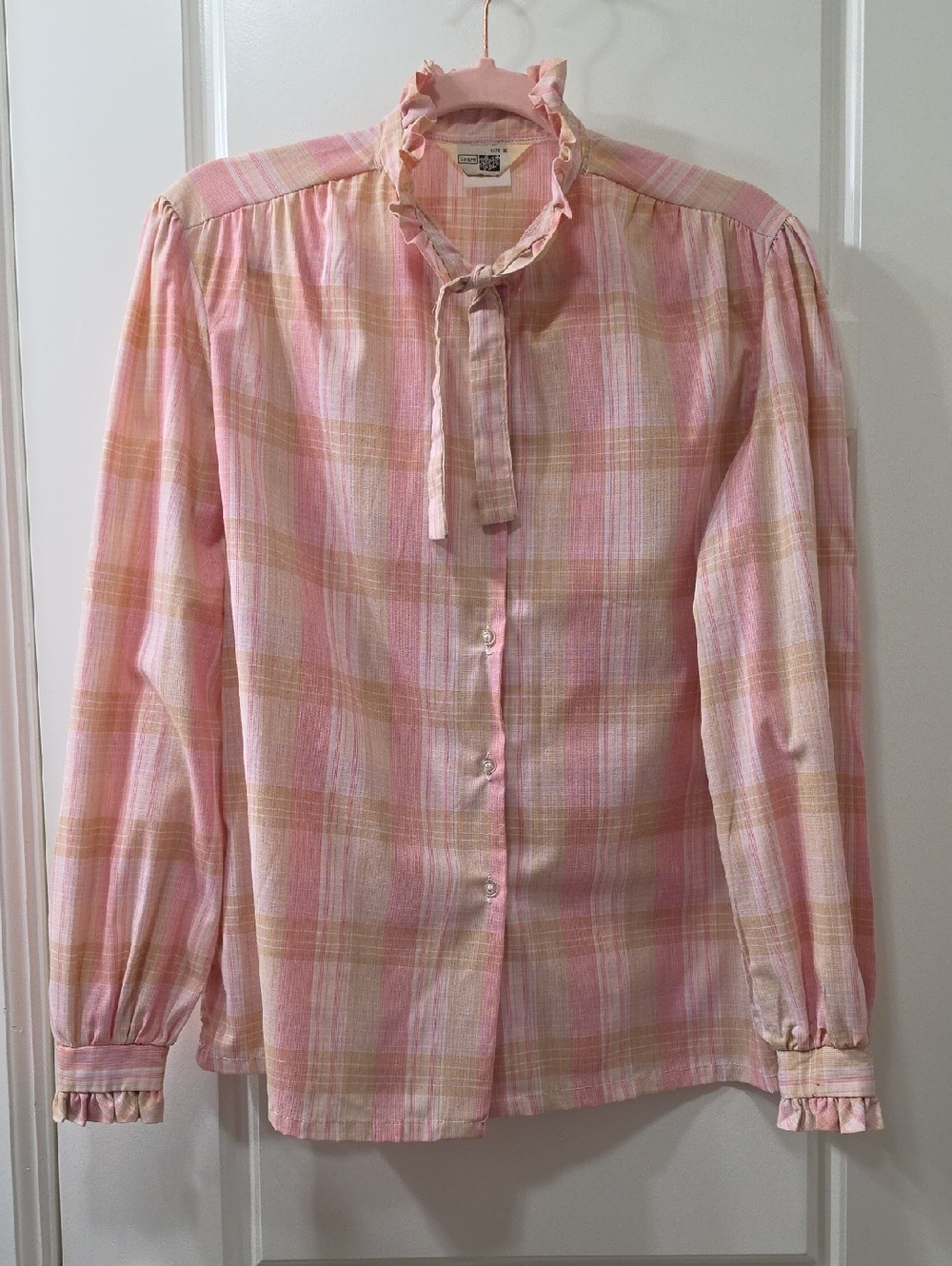 Sears "The Fashion Place" Pink & Cream Plaid Ruffle Tie-Neck Blouse 1982 -16